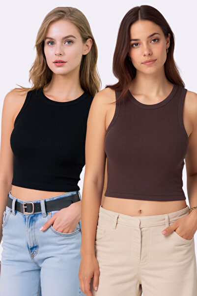 Pearlune Kadın 2 Adet Pamuklu & Esnek Basic Crop Top Atlet - Yumuşak Dokulu &...
