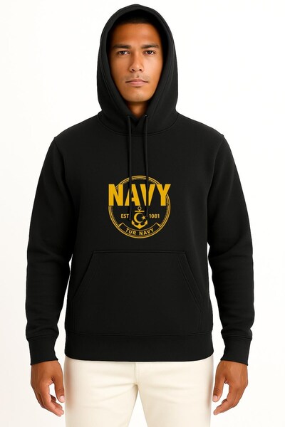 Bahriyeli Collection Hooded Tur Navy Unisex Sweatshirt with Chest and Back Print