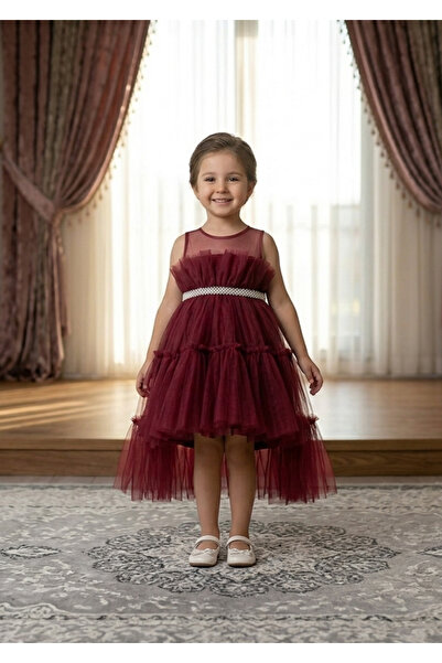 DERMO Girl's Plum Tailed Tulle Evening Dress - Puffy Birthday and Special Occ...