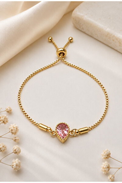 Mervişim Aksesuar Zircon Pink Stone Drop Detailed Bracelet