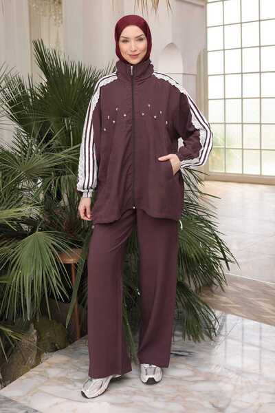 İmajButik Plum Lace Detailed Tunic and Trousers Set