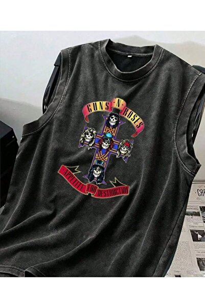 Le Savu تي شيرت Guns N' Roses مطبوع برقبة دائرية وقابل للغسل بتصميم عتيق للجن...
