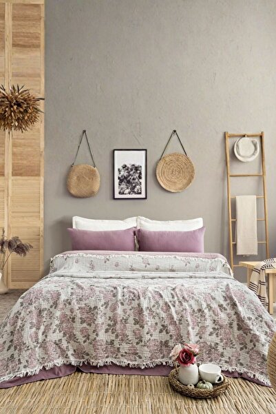 Layan Home 4 Layer 100% Cotton Muslin Double Bedspread & Throw – Rose Pattern
