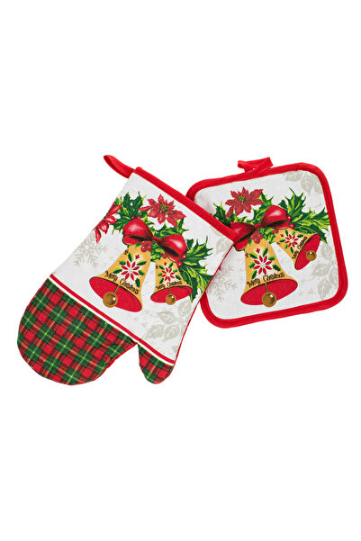 OEM Red Christmas Kitchen Glove and Napkin Set with Mistletoe Bells - 2pcs