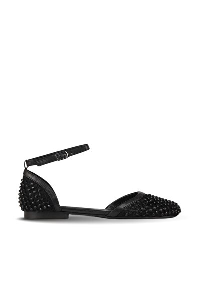 BUENO Shoes Black Stone Leather Women's Sandals Flat with Stone Detail 39Wa4401