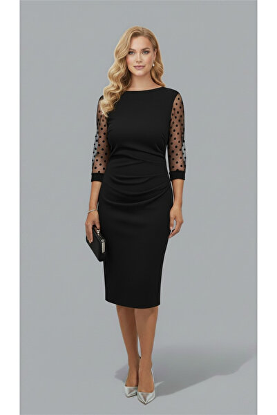 Veline Elegant black dress, midi, side pleats, sleeves made of Sheer black tu...