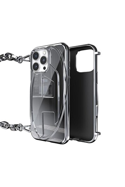 Diesel iPhone 16 Pro Max Uyumlu Oval D Parlak Zincirli Kılıf - Gümüş