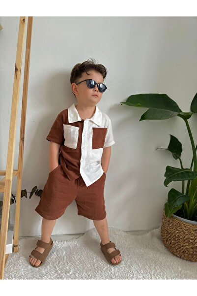 Jannock Boy's Color Block Muslin Shirt and Shorts 2-Piece Summer Set - Tan/Wh...