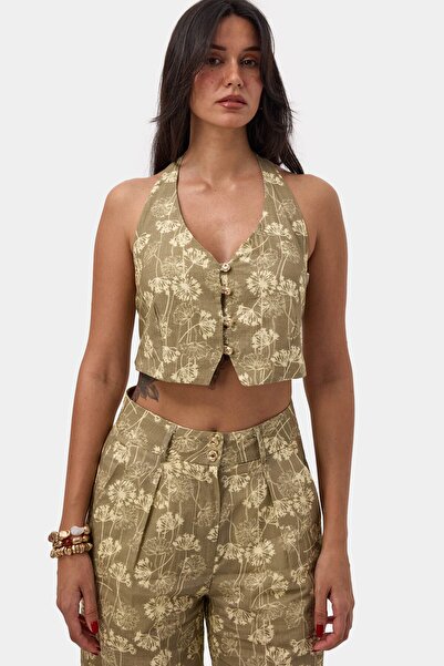 it's basic Women's Khaki Floral S6-121 Crop Buttoned Accessory Detailed Desig...