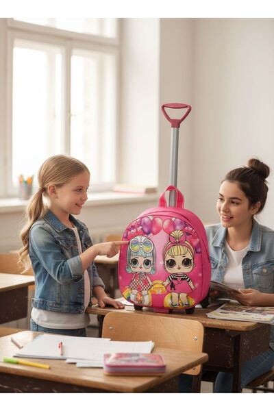 GİYU SHOP Kız Çocuk Anaokulu Kreş Çekçekli Tekerli 3d Eva Renkli Baskılı Sırt...