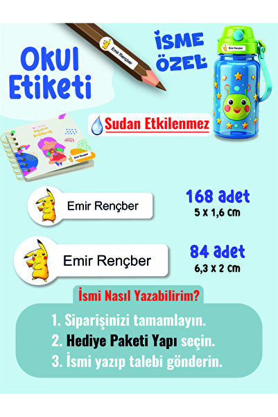 YUNUS COPY Okul Etiketi Kalem Defter Etiketi Pikacu Özel İsim Yazılabilen Eti...