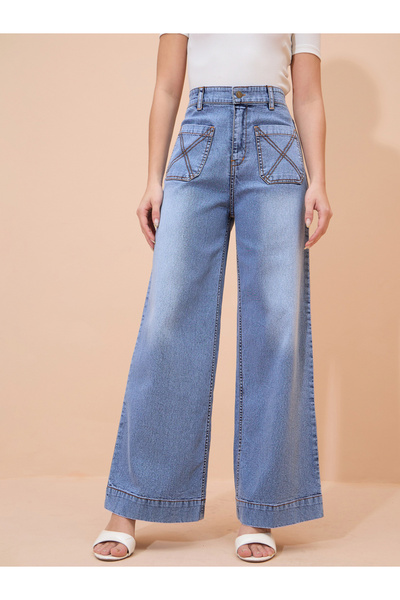 Sassafras By Styli Blue Acid Wash Front Pocket Wide Leg Jeans