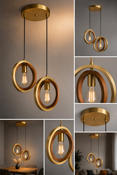 ÇILGIN AYDINLATMA Modern 2'li Halka Avize-Eskitme Metal ve Ahşap Detaylı