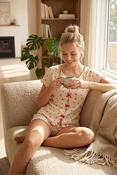 ÇAĞRI HOMEWEAR طقم شورت نصف كم من القطن بنسبة 100% مع ربطة عنق من قماش إكرو ك...
