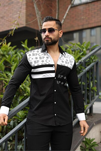 BAYIM Erkek Slim-Fit Ay-Yıldız Taş İşlemeli Nakışlı Premium Tasarım Lüks Gömlek