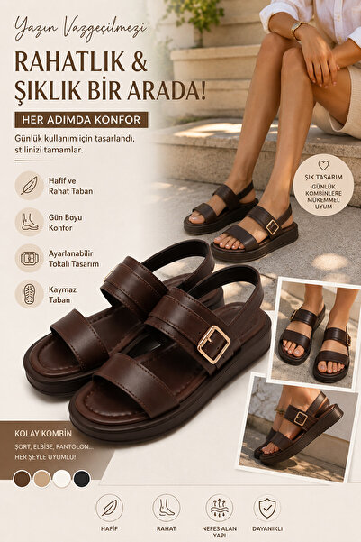 Ayakkabı Vakti Women's Bitter Brown Double-Strapped Buckle Detailed Daily Com...