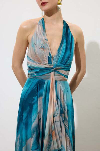 Carmen Petrol Backless Patterned Evening Dress