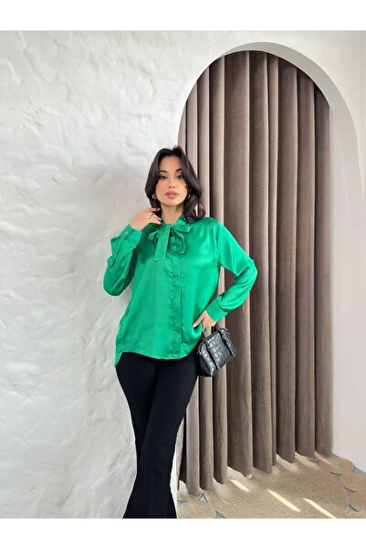 Hira Clothing Kadın Elegant Satin Fular Yaka Şık Gömlek