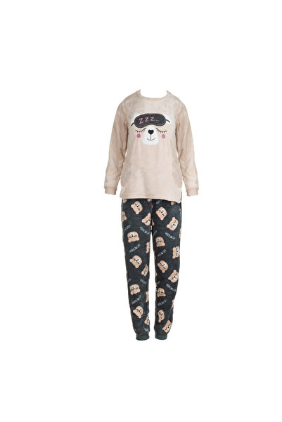 Zumzeria Beige Grey Bear Fleece Winter Pajama Set "Z Z Z.." for Women