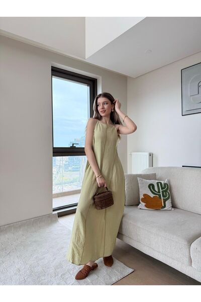 PEMAA Linen A-Line Maxi Dress with Drawstring Straps and Reverse Stitching De...