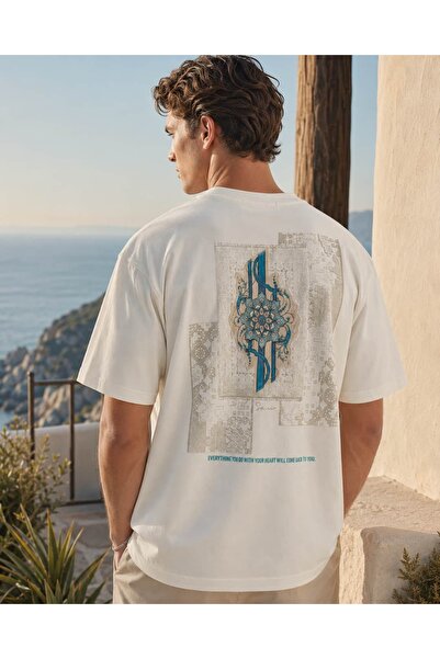 CANMODA White Oversize Blue Mandala Ethnic Patterned Back Print T-Shirt