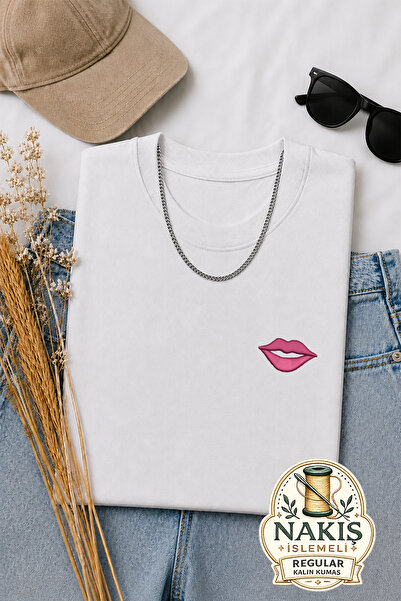 Vela Rossa Home Pink Mood Lips Embroidered White Regular Fit Unisex T-Shirt 3...