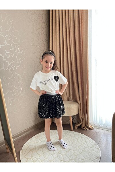 Yuka Kids Kız Çocuk Pul Payetli Kalp Detaylı Etekli Takım | Şık Parti & Bayra...