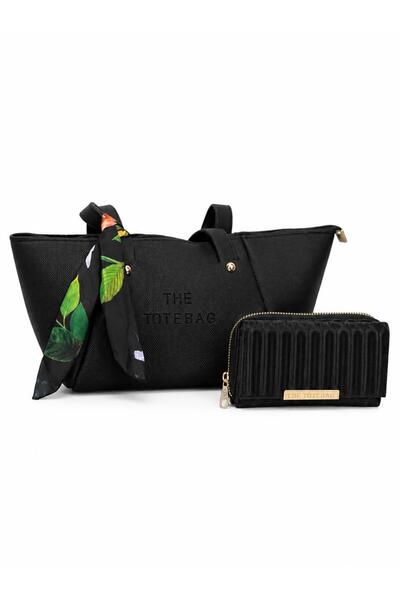 Kadın Tote Bag ve Cüzdan Seti Fular Detaylı Şık Günlük Çanta