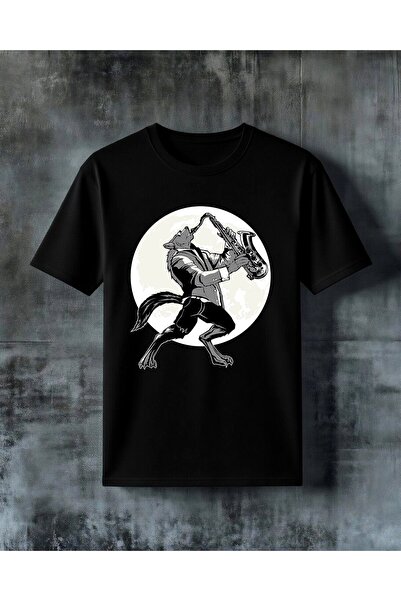 COMVİCHO Wolf Saxophone Musician Printed Oversize T-Shirt
