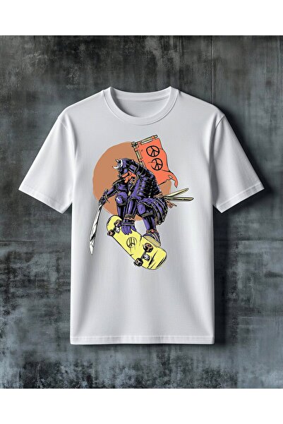COMVİCHO تي شيرت مطبوع عليه samurai skateboard مقاس كبير