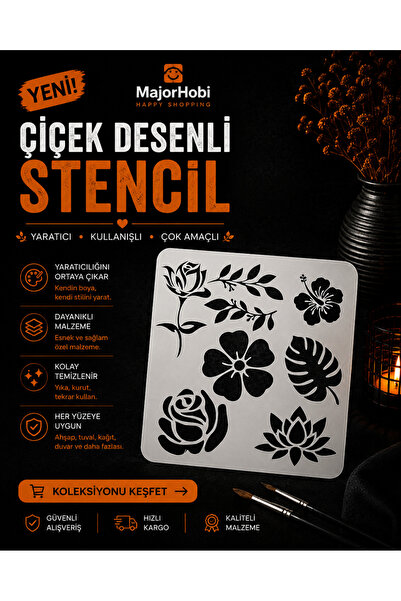 Major Hobi Çiçek ve Yaprak Desenli Stencil Şablon Dekoratif Boyama Kalıbı