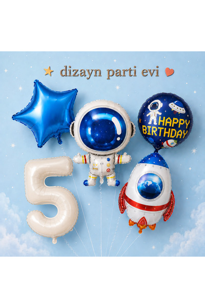 Dizayn Parti Evi Uzay Temalı Krem Rakam Folyo Balon Seti Astronot Roket Happy...