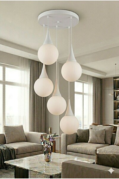 VENON Elora 5.li Sarkıt Yuvarlak ✨BEYAZ ✨ BEYAZ GLOP CAMLI ✨ Salon Avizesi Mo...