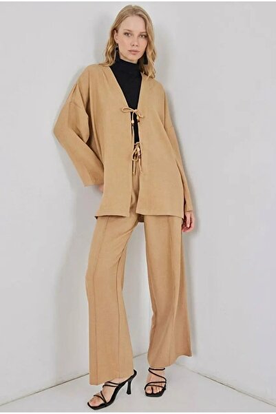 hazelin Women's Beige Linen Kimono Pants with Tie Detail, Double Set Hzl26S-B...