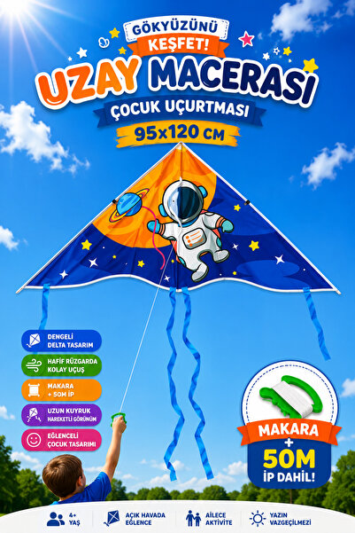 YILDIRIM OYUNCAK Astronot Çocuk Uçurtması 95x120cm – Makaralı 50m İpli Hafif ...