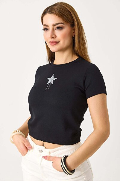 Raneel Kazançlı Alışveriş Women's Short Sleeve Star Stone Crop Blouse Black