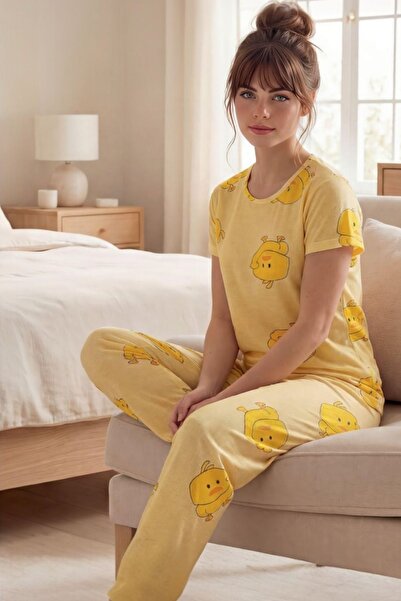 Sezka Life Kadın Sarı Sevimli Ördek Desenli Kısa Kollu Pijama Takımı