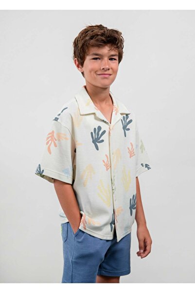 MAYORAL Boston Boys' Printed Short Sleeve Shirt Beige