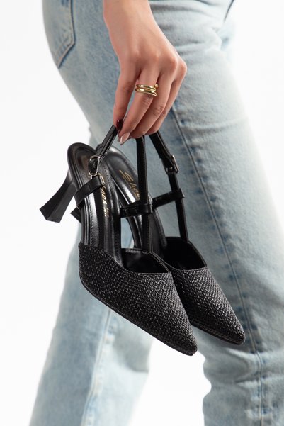 shop Women's Straw Pattern Faux Leather Open Back Pole Pointed Toe Heels