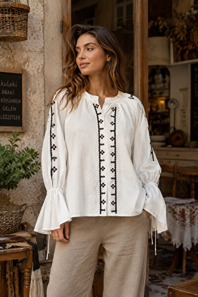 FEMELLE Women's White Hidden Button Wide Fit Embroidered Cotton Blouse