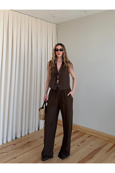 Laluvia Brown Selva 100% Cotton Vest and Pants Set - 8486