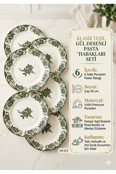 porselen Klasik Yeşil Gül Desenli Pasta Tabağı Seti - 25 cm (6 Adet)