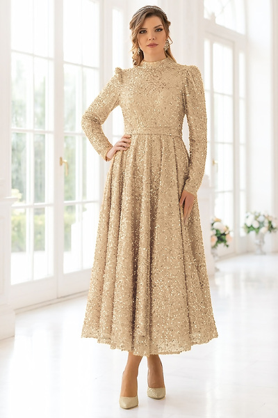 SUBU TASARIM Pleated Sequin Payet Tesettür Evening Dress Tbsahn244