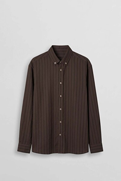 ablukaonline Men's Oversize Textured Striped Long Sleeve Shirt Brown