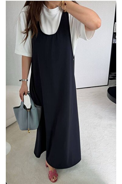 BE CHİC Dark Blue Strappy Oval Neck Relaxed Comfortable Fit Imported Fabric T...