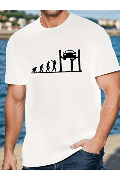 bolivia's Men' Automotive-Themed T-Shirt - Human Evolution & Car Repair Print...