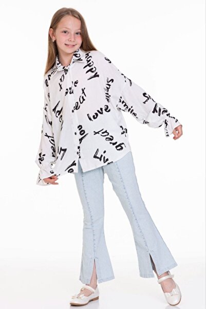 ASALEA Girl's Text Patterned Shirt and Jeans Set