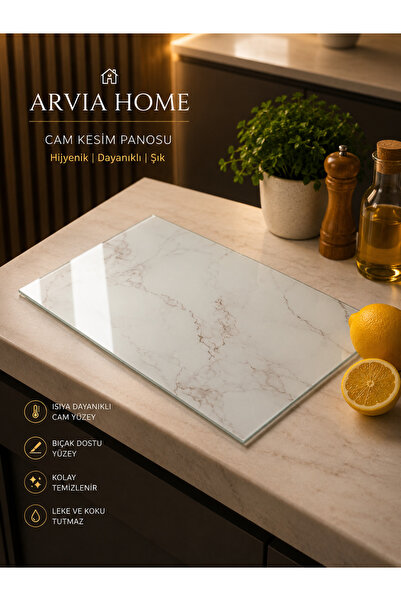 ARVİA HOME Temperli Cam Kesim Panosu 20x30 cm Mermer Desenli Kesme Tahtası
