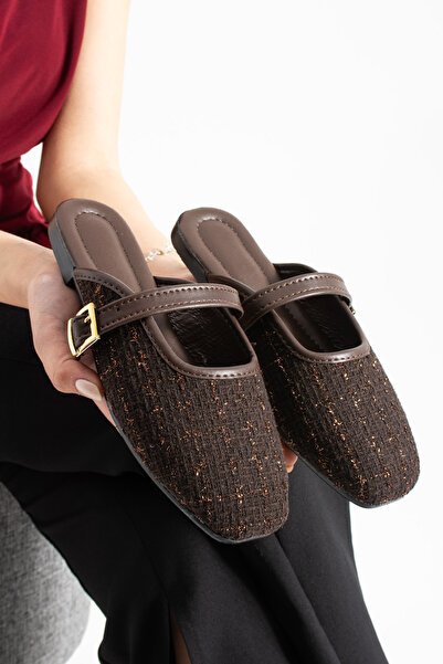 star shoes Kahverengi Tüvit Kumaş Kadın Terlik Şık Tokalı Yumuşak Taban Günlü...