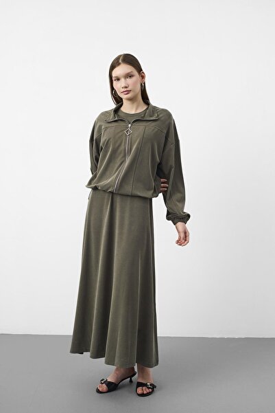 Basicpark Khaki Women's Premium Tencel Texture Sweat Top Midi Dress Set